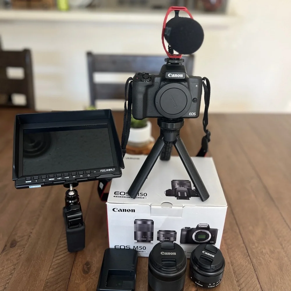 Canon Eos M50 Bundle with 2 Lenses, External Monitor, Mic and more